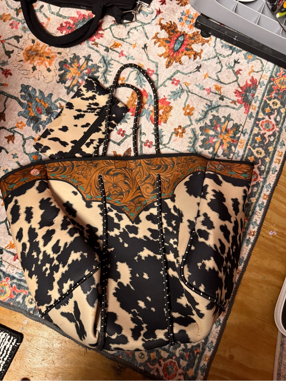 Cow Print Tote Bag with Paisley Trim - Black & Cream neoprene tote